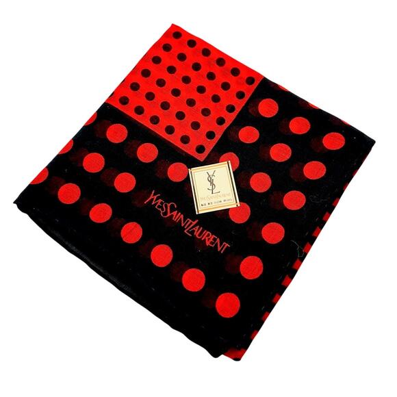 Yves Saint Laurent Red & Black Dot Vintage Handkerchief / Pocket Square / Scarf - Picture 1 of 6